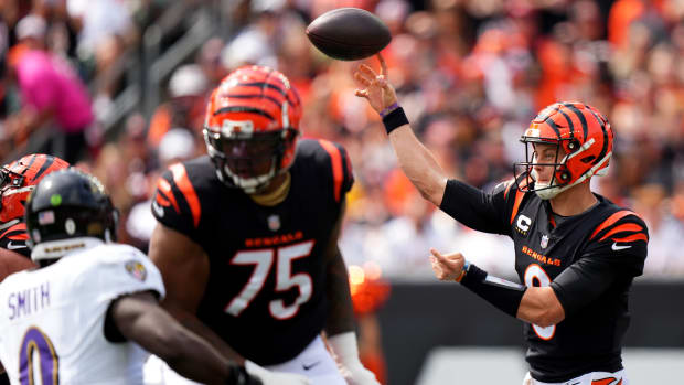 Cincinnati Bengals quarterback Joe Burrow (9) throws in the first quarter of a Week 2 NFL football game between the Baltimore Ravens and the Cincinnati Bengals Sunday, Sept. 17, 2023, at Paycor Stadium in Cincinnati.